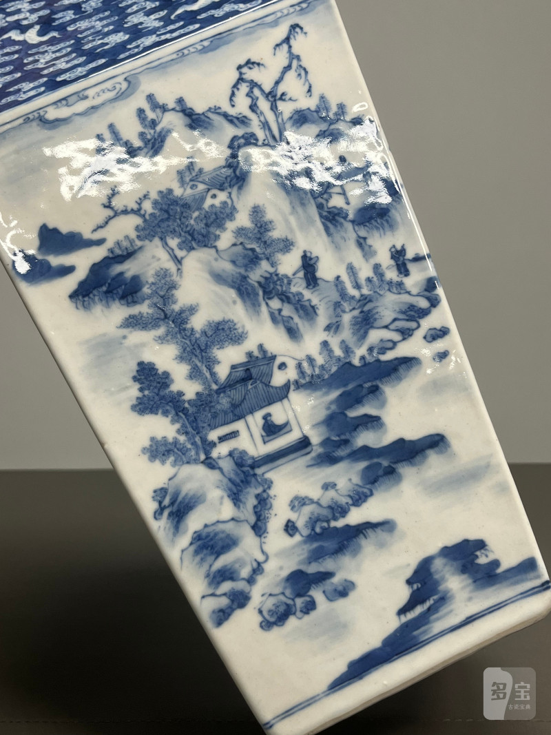 清中期  青花文人山水云蝠纹四方大尊 - 图8